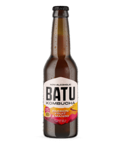 Batu Kombucha Passion Fruit & Mango, alkoholfreies, zuckerfreies Kombucha mit Passionsfrucht, Mango und fermentiertem Tee.